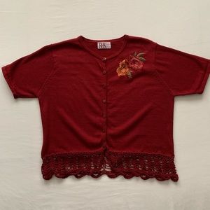 Women’s Short Sleeve Knit Cardigan Sweater w/ Embroidered Flowers